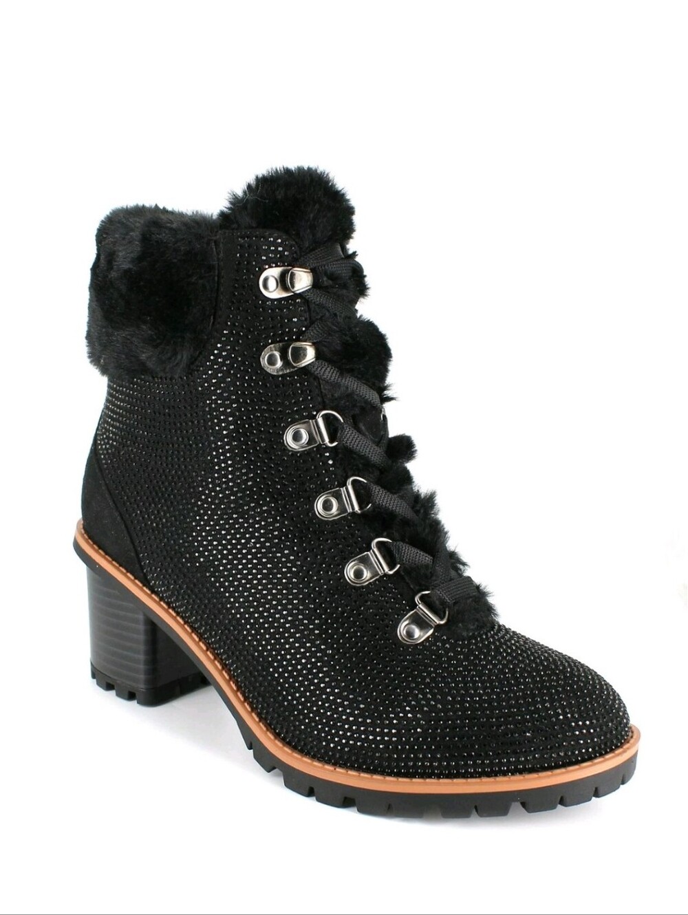 Nanette Lepore "Anais" Black Sparkle Faux-Fur Cuff Ankle Boots Size 9.5